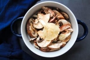 Bibimbap - Variety of mushrooms in white bowl with navy blue handles on grey surface with navy blue napkin