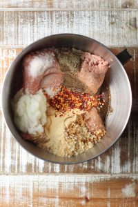 Turkey burger ingredients in kitchen aid stand mixer bowl
