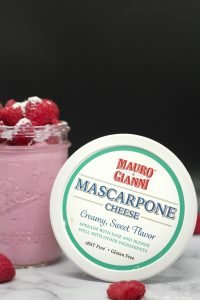 Mauro & Gianni mascarpone cheese and a mason jar filled with raspberry mascarpone cream topped with fresh raspberries and powdered sugar
