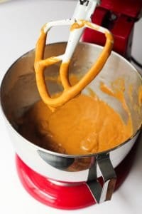 pumpkin cake squares batter in kitchenaid