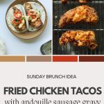 Fried chicken tacos with andouille sausage gravy pinterest pin.