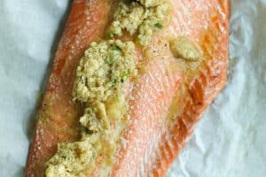 Miso butter dolloped on a baked wild-caught sockeye salmon filet before going back in the oven.