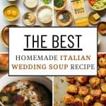 The best homemade Italian wedding soup recipe in a beige bowl with handles. with golden seared meatballs on a tray.