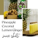 A photo of a pineapple with coconut water and juice shots in tiny glass vials.