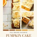 Pumpkin cake squares with orange cream cheese frosting ingredients photos and completed cake.