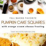 Pumpkin cake squares with orange cream cheese frosting ingredients photos and completed cake.