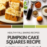 Pumpkin cake squares with orange cream cheese frosting ingredients photos and completed cake.