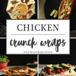 A collage of chicken cruch wrap photos both completed and being cooked/prepared.