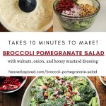 Broccoli pomegranate salad in a white speckled bowl on a brown wooden surface with website link and recipe name.