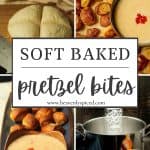 Soft baked pretzel bites with smoked gouda cheese dip photo collage - raw dough cut into quarters, arm & hammer baking soda, and