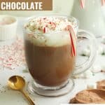 Christmas Protein Hot Chocolate in a clear glass mug with whipped cream and crushed and whole candy canes with collagen powder.