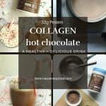 Christmas Protein Hot Chocolate in a clear glass mug with whipped cream and crushed and whole candy canes with collagen powder.