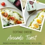Two pieces of avocado Toast with Cottage Cheese, one next to a bottle of balsamic and one next to a chili oil.