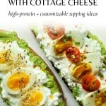 Two pieces of avocado Toast with Cottage Cheese topped with things like eggs, tomatoes, sprouts, etc. on a white plate.