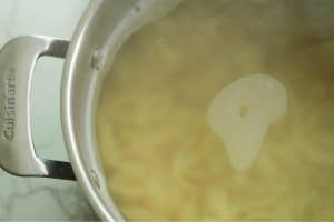 Pasta shells in a Cuisinart pot filled with water.