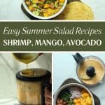 Shrimp, avocado, and mango salad ingredients, chili lime vinaigrette being prepared, and the final recipe.