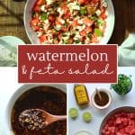 A bowl of watermelon salad, a bowl of chili crisp, and the ingredients on a white surface.