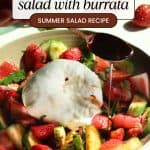 Text reading strawberry cucumber salad with burrata summer salad recipe and a photo of the salad being drizzled with balsamic vinegar.