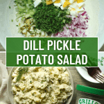 Potato salad with dill pickles and a sprig of dill in a speckled bowl with a plastic jar of grillo's pickle spears.