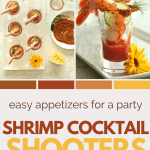 Easy appetizers for a party close up of shrimp cocktail shooter in a shot glass with sauce and a yellow wildflower next to the glass.