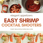 Elegant appetizers shrimp cocktail shooters lined in shot glasses with sliced cucumber and dill and a photo of recipe ingredients.