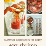 Summer appetizers for party easy shrimp cocktail shooters close up in shot glass and a steamer basket filled with pink shrimp.