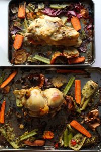 Two separate sheet pans, one with roasted veggies and a beef bone, and one with a roasted chicken carcass and vegetable scraps.