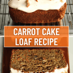 Carrot cake loaf cake recipe with frosting and walnuts.