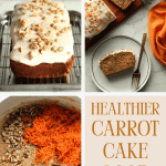 Healthy carrot cake loaf recipe with frosting, walnuts, and shredded carrots.