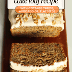 Healthy carrot loaf cake with cream cheese cottage cheese frosting with two slices from the loaf.