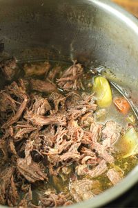 Mississippi pot roast after being cooked and shredded in the instant pot.